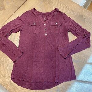A New Day Long Sleeve Pockets Flowy Henley Plum Top